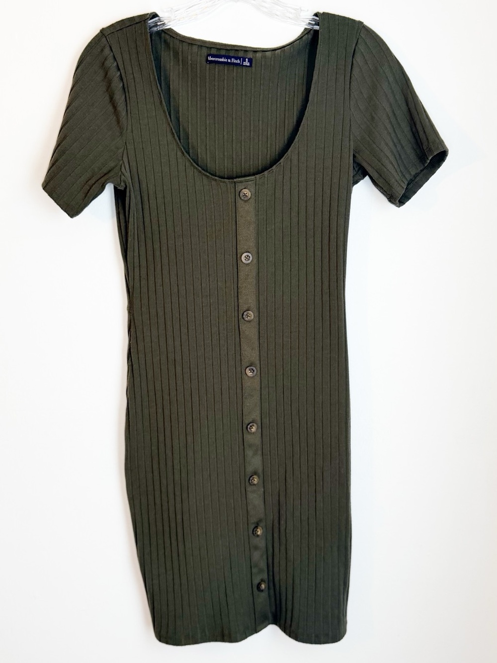 Abercrombie & Fitch Olive Green Ribbed Button Up Dress with Scoop Neck